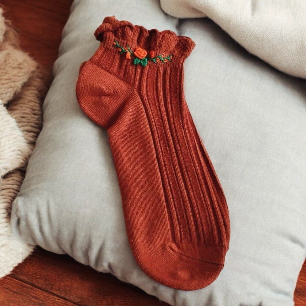 Adult dark orange embroidered flower socks , handmade socks